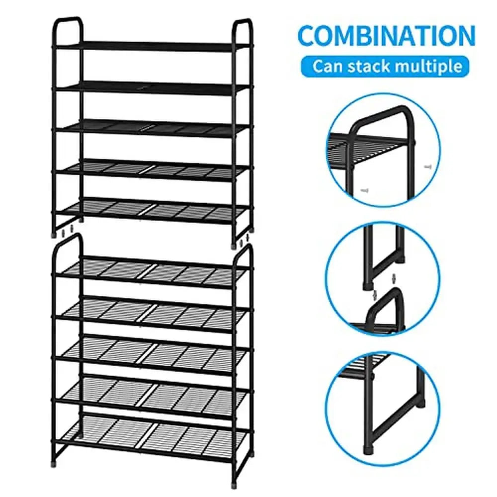 5-Tier Shelf Wire Grid Black Expandable Shoe Organizer