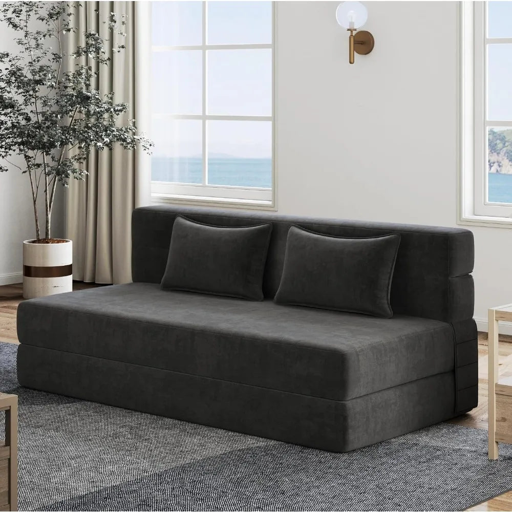 Fold-out sofa bed with 2 pillows