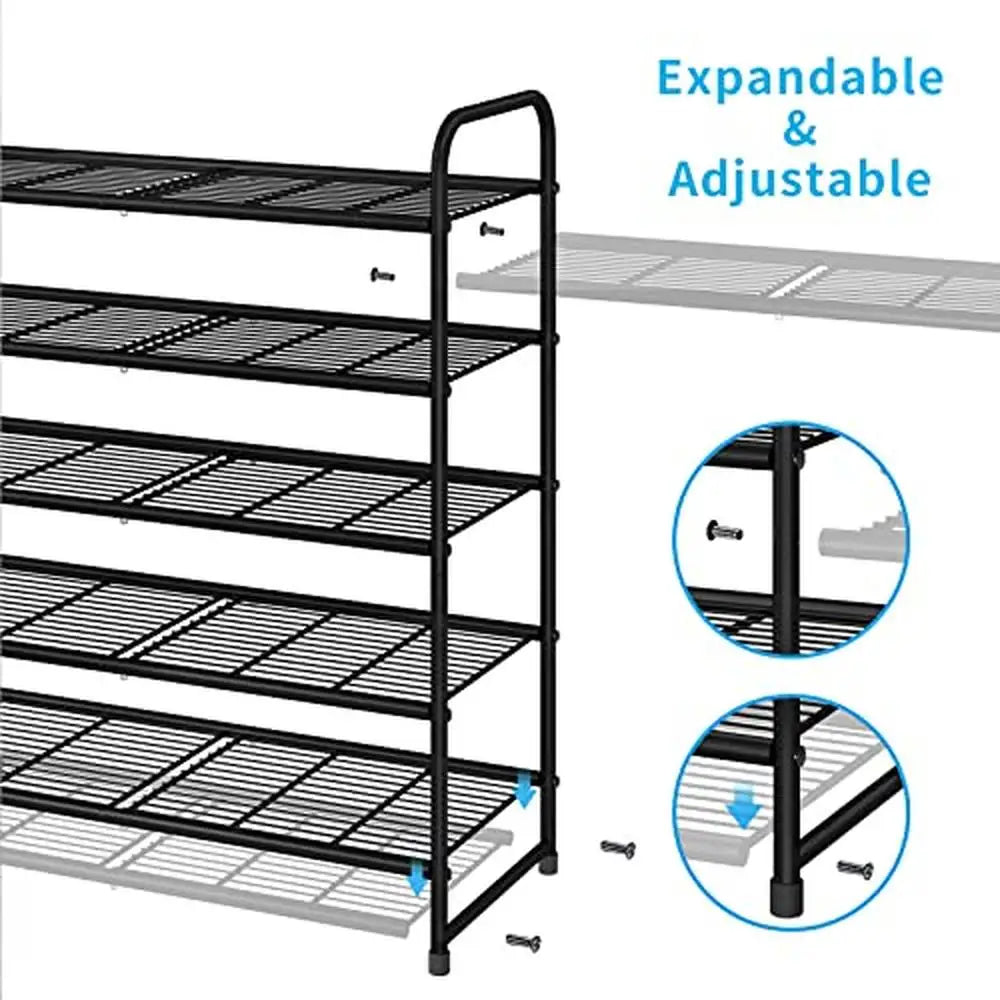 5-Tier Shelf Wire Grid Black Expandable Shoe Organizer