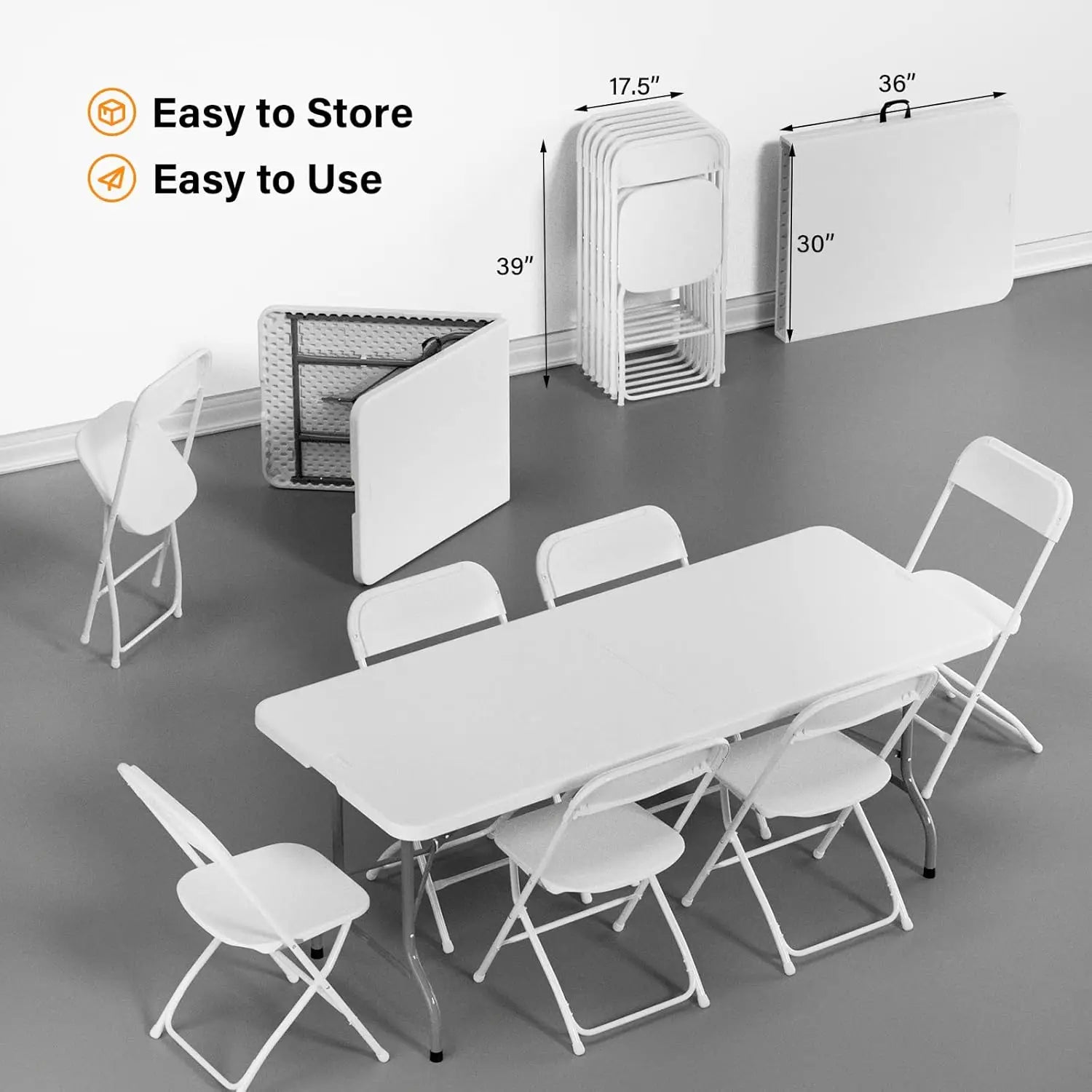 6 FT Folding Table with 8 White Folding Chairs