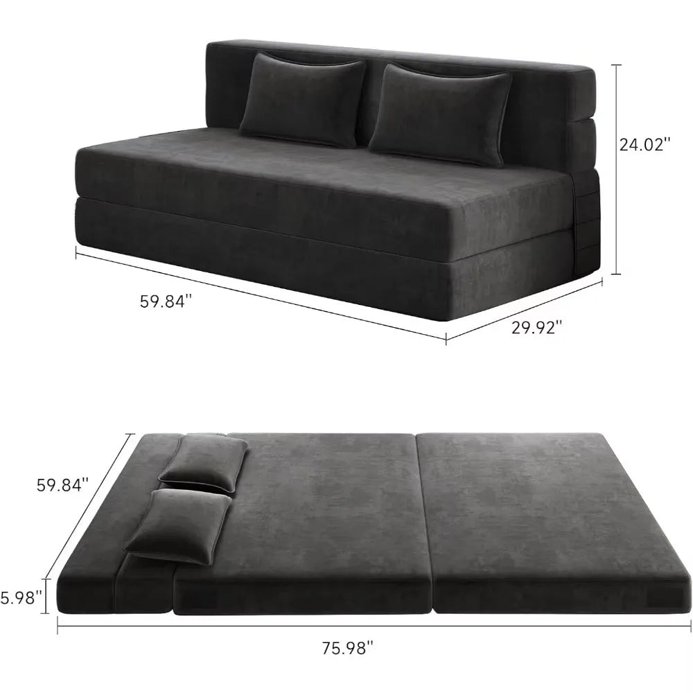 Fold-out sofa bed with 2 pillows