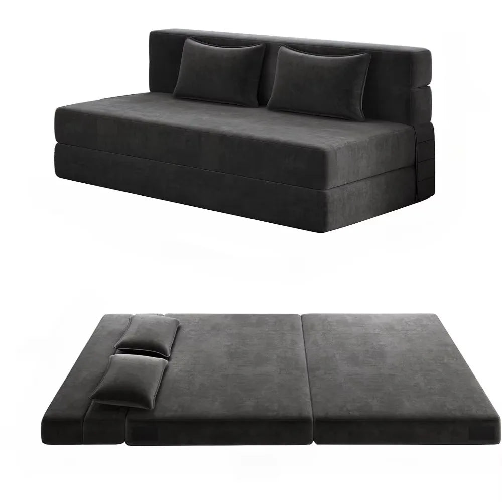 Fold-out sofa bed with 2 pillows