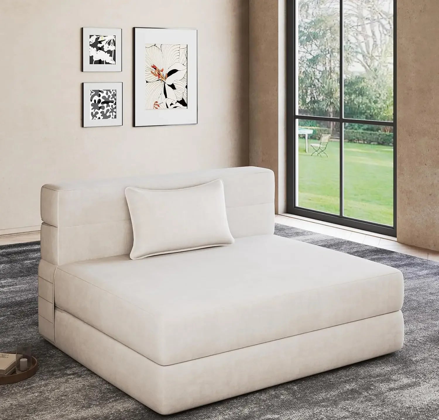 Fold-out sofa bed with 2 pillows