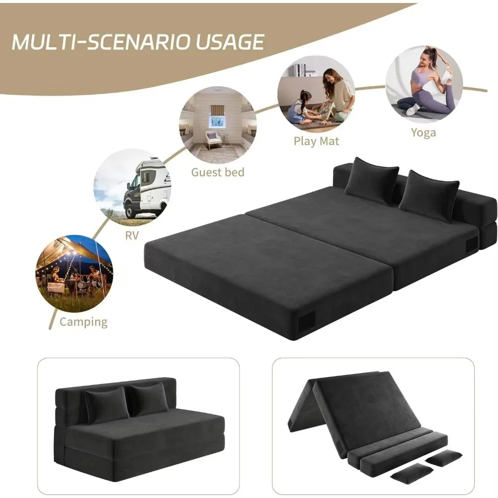 Fold-out sofa bed with 2 pillows
