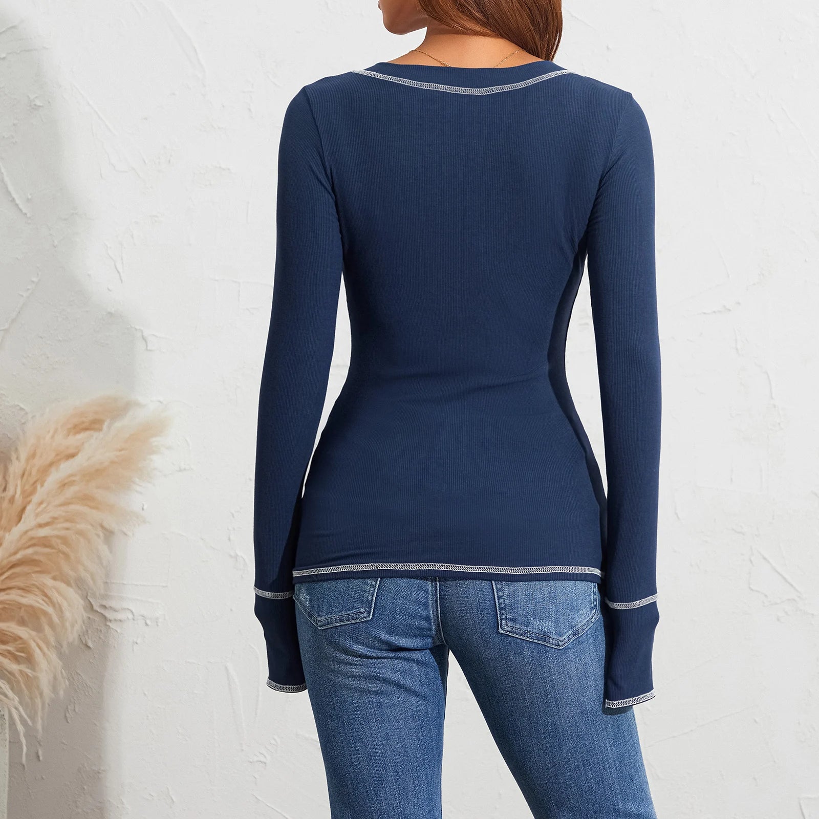 Women’s Autumn Slim T-shirt, Contrast Color Long Sleeve