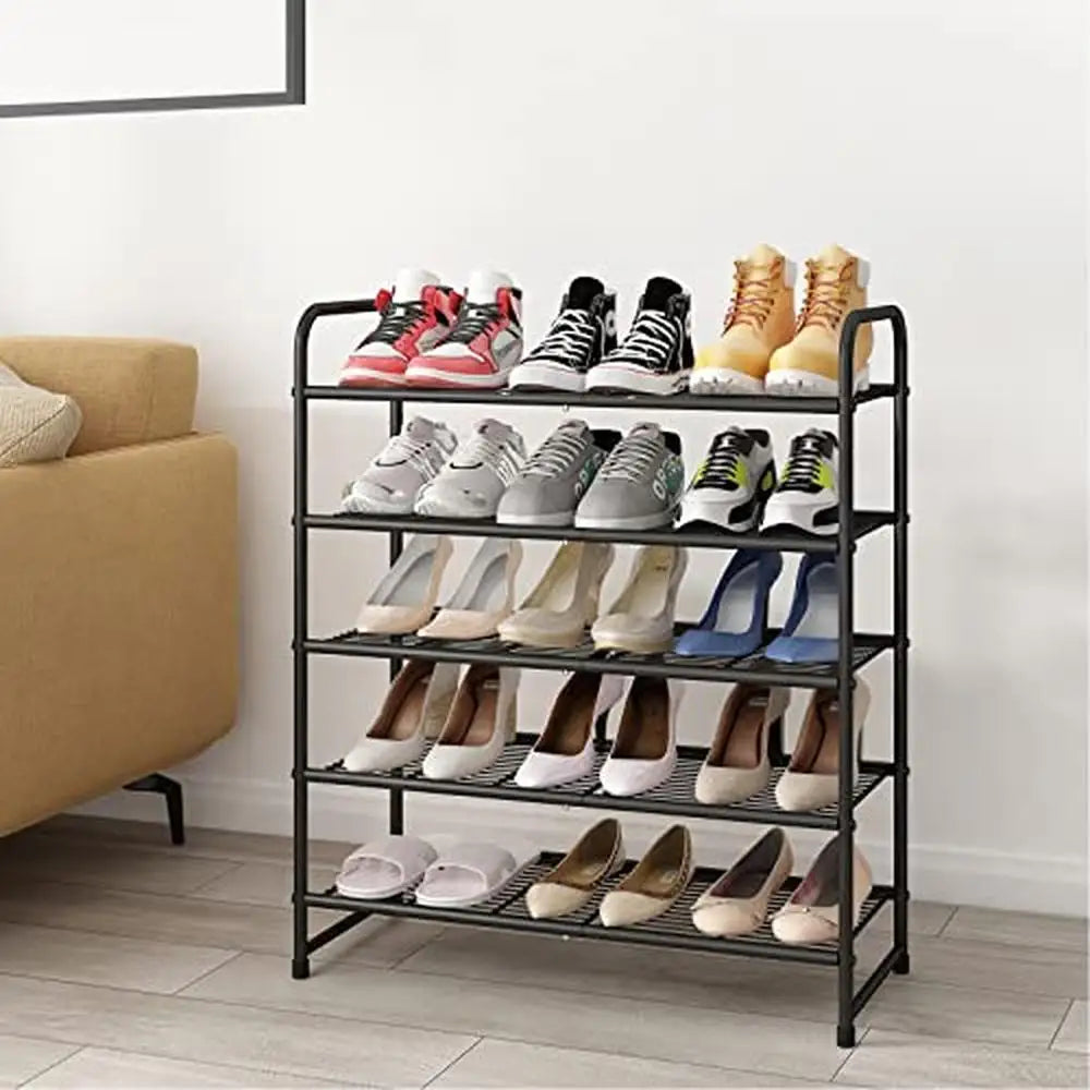 5-Tier Shelf Wire Grid Black Expandable Shoe Organizer