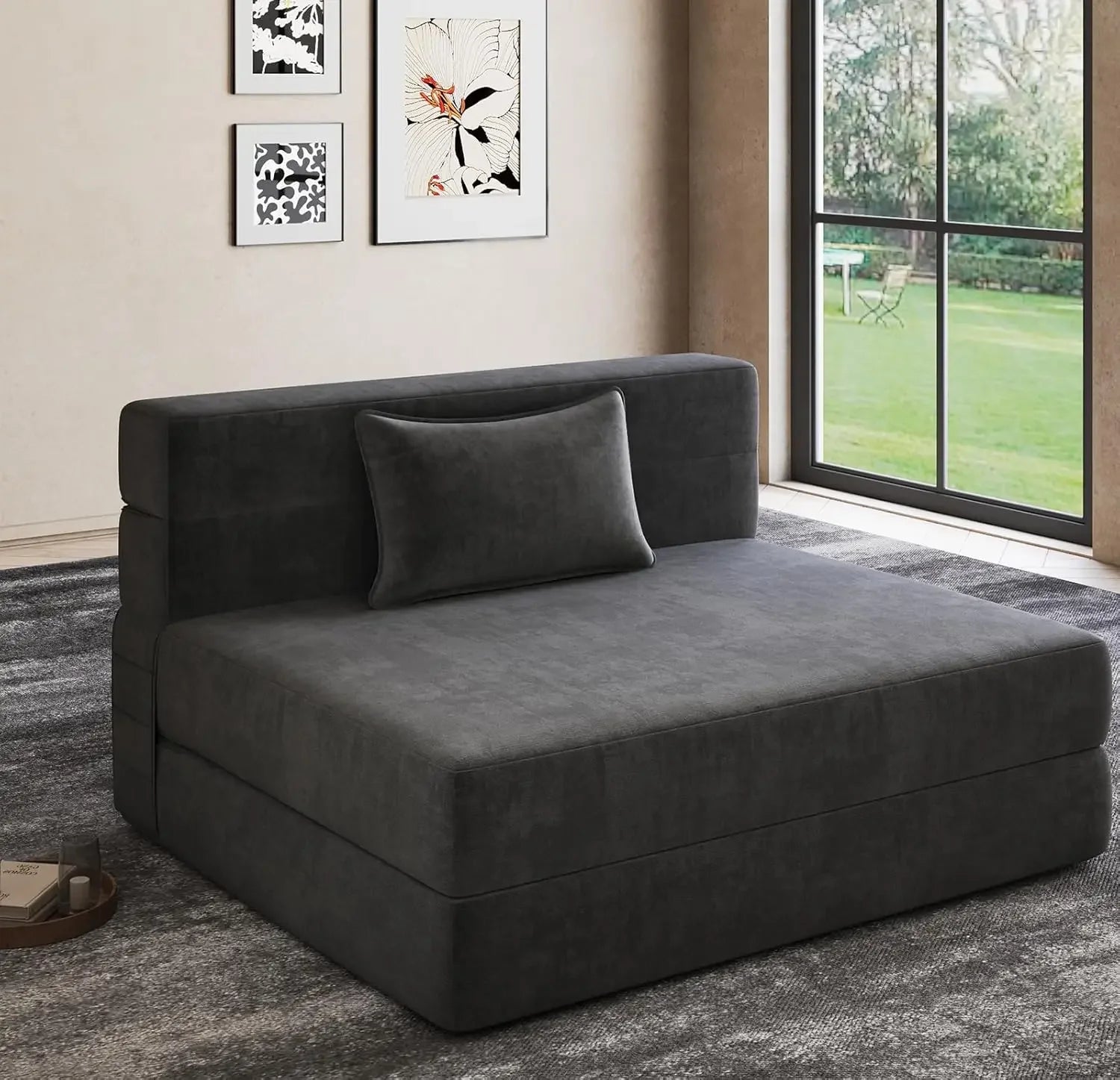 Fold-out sofa bed with 2 pillows