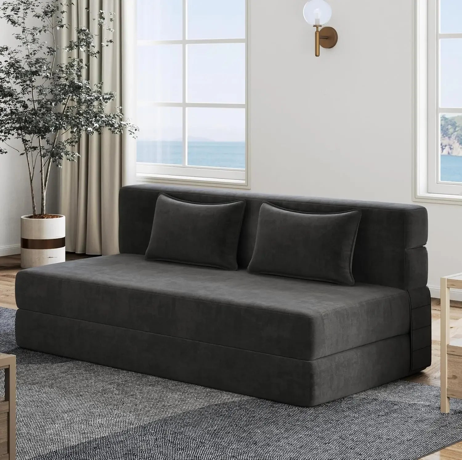Fold-out sofa bed with 2 pillows