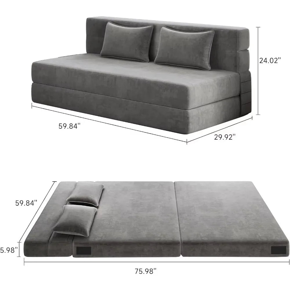 Fold-out sofa bed with 2 pillows