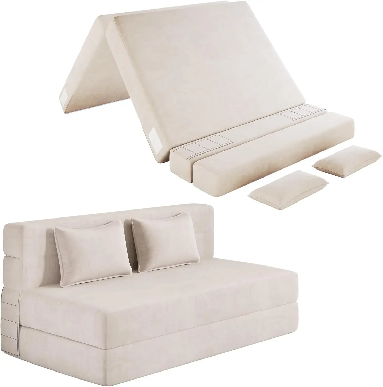 Fold-out sofa bed with 2 pillows
