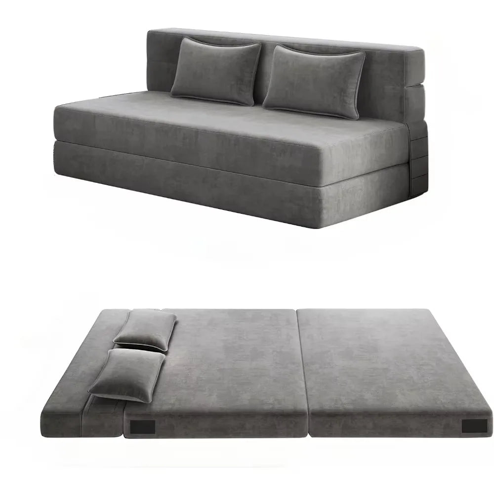 Fold-out sofa bed with 2 pillows