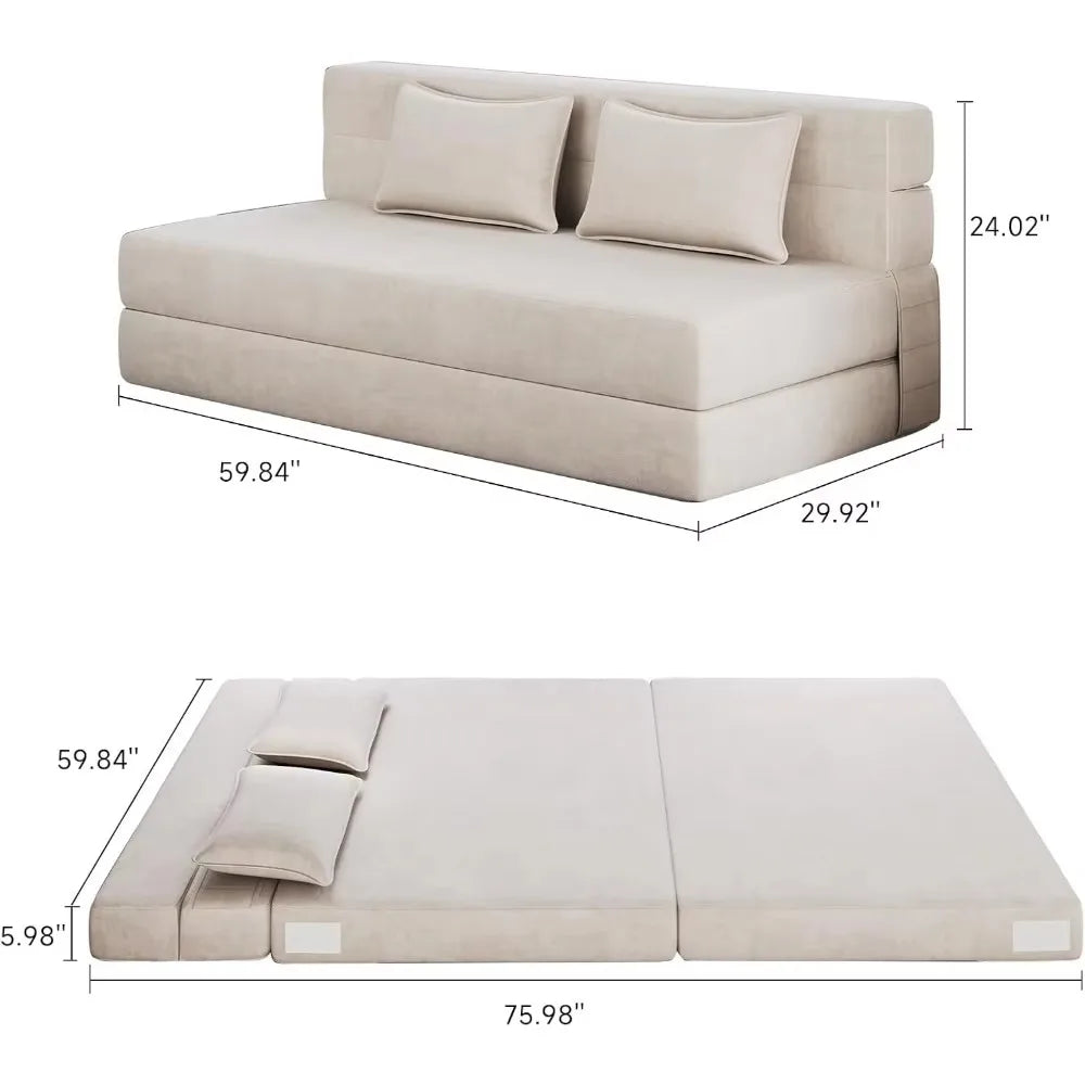 Fold-out sofa bed with 2 pillows