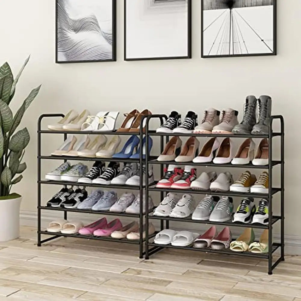 5-Tier Shelf Wire Grid Black Expandable Shoe Organizer