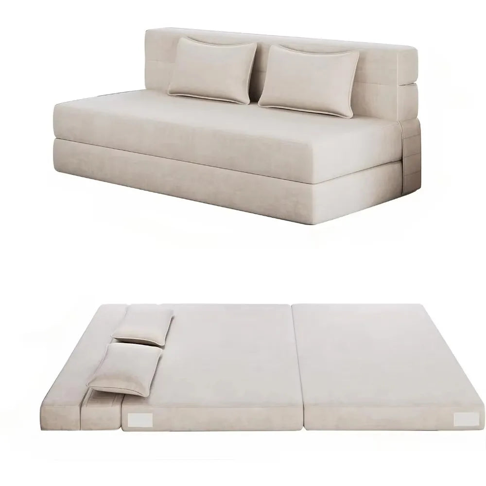 Fold-out sofa bed with 2 pillows