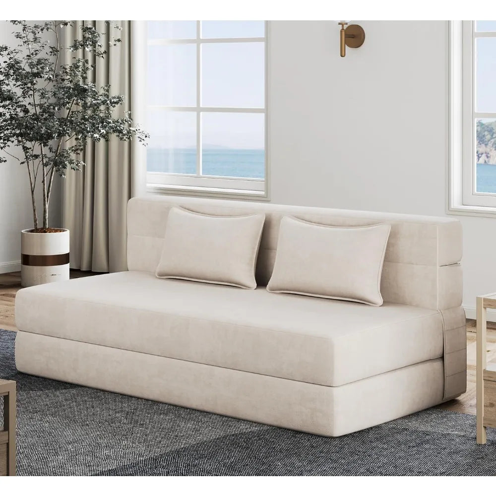 Fold-out sofa bed with 2 pillows