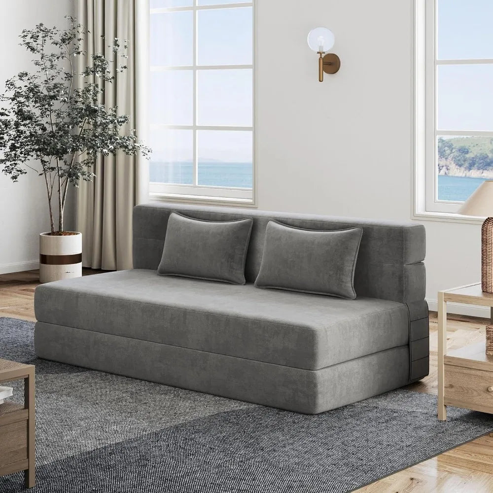 Fold-out sofa bed with 2 pillows