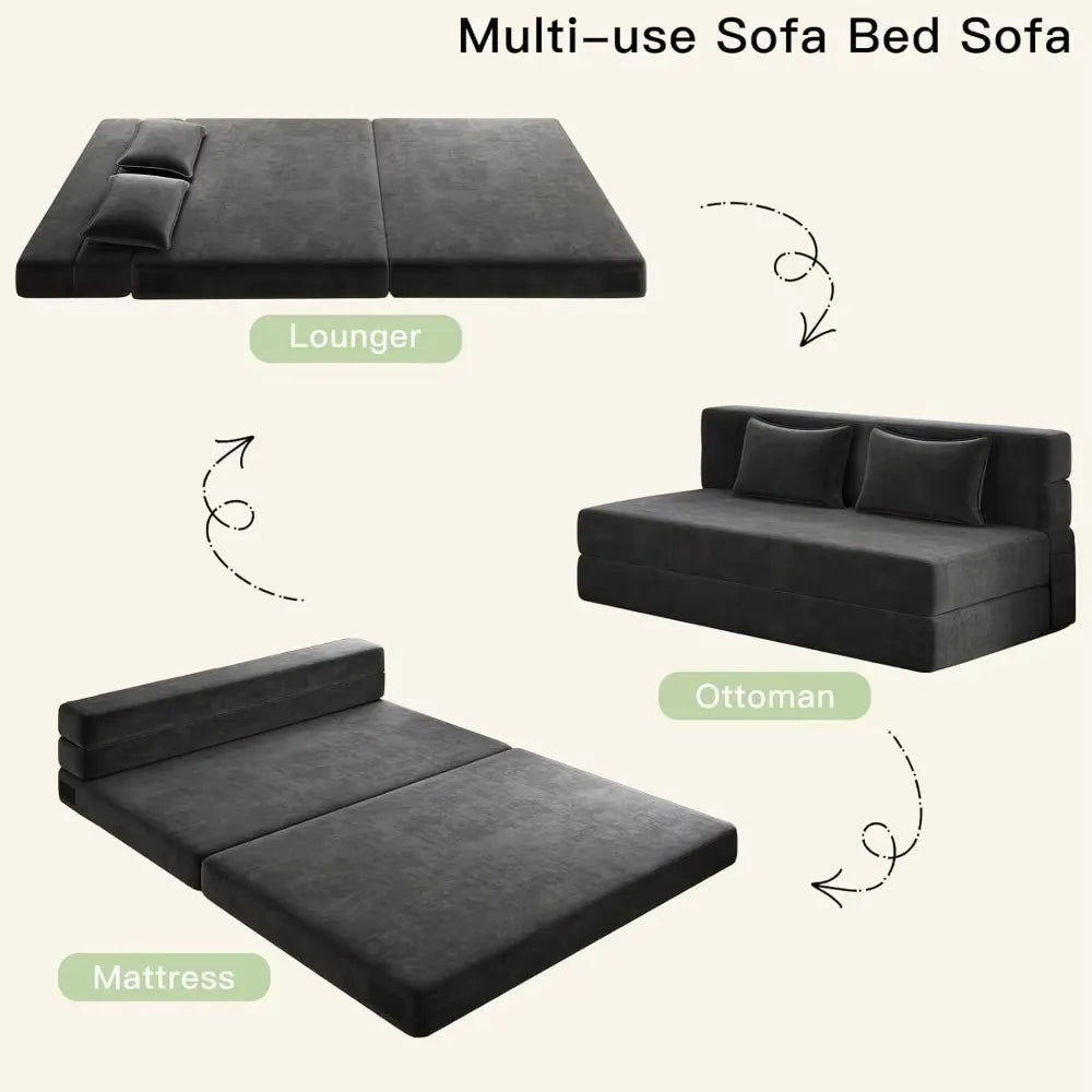 Fold-out sofa bed with 2 pillows