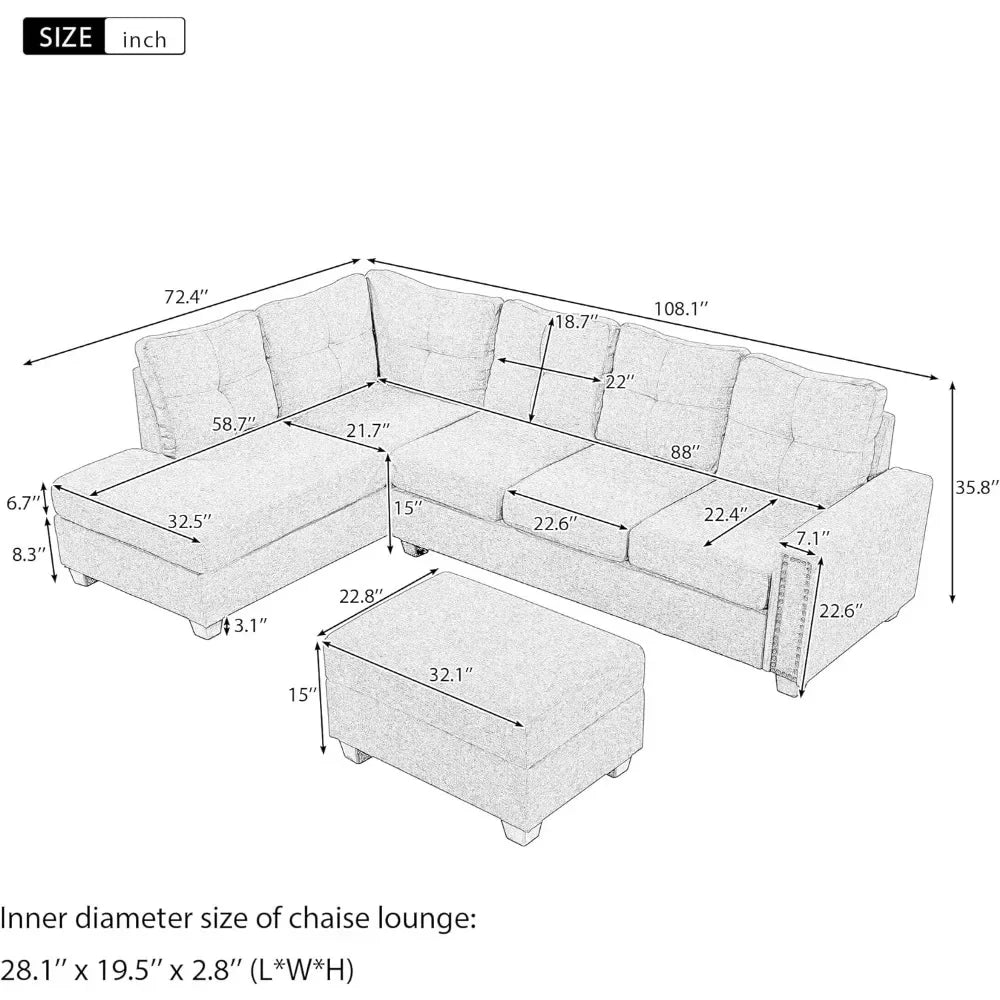 L Shape Modular Storage Ottoman & Chaise, Comfy Sofa