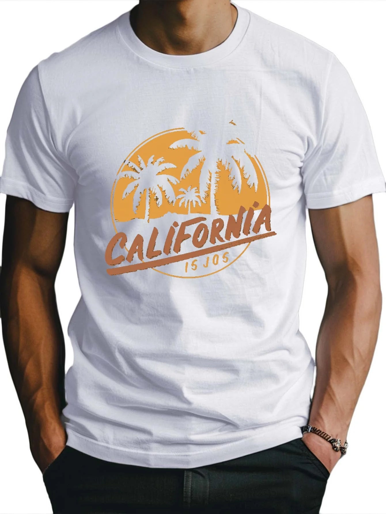 Retro Palm Tree Print Fitted Men's T-Shirt