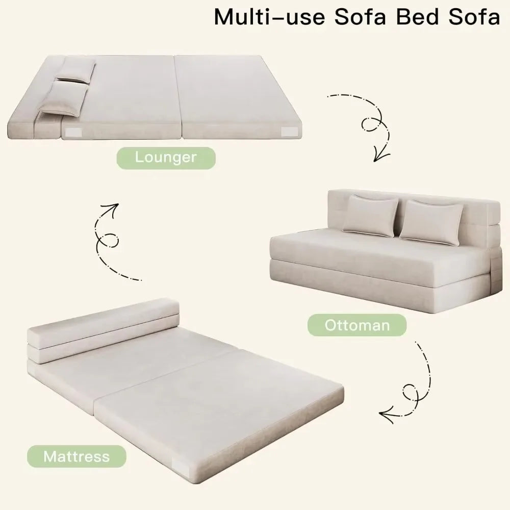 Fold-out sofa bed with 2 pillows