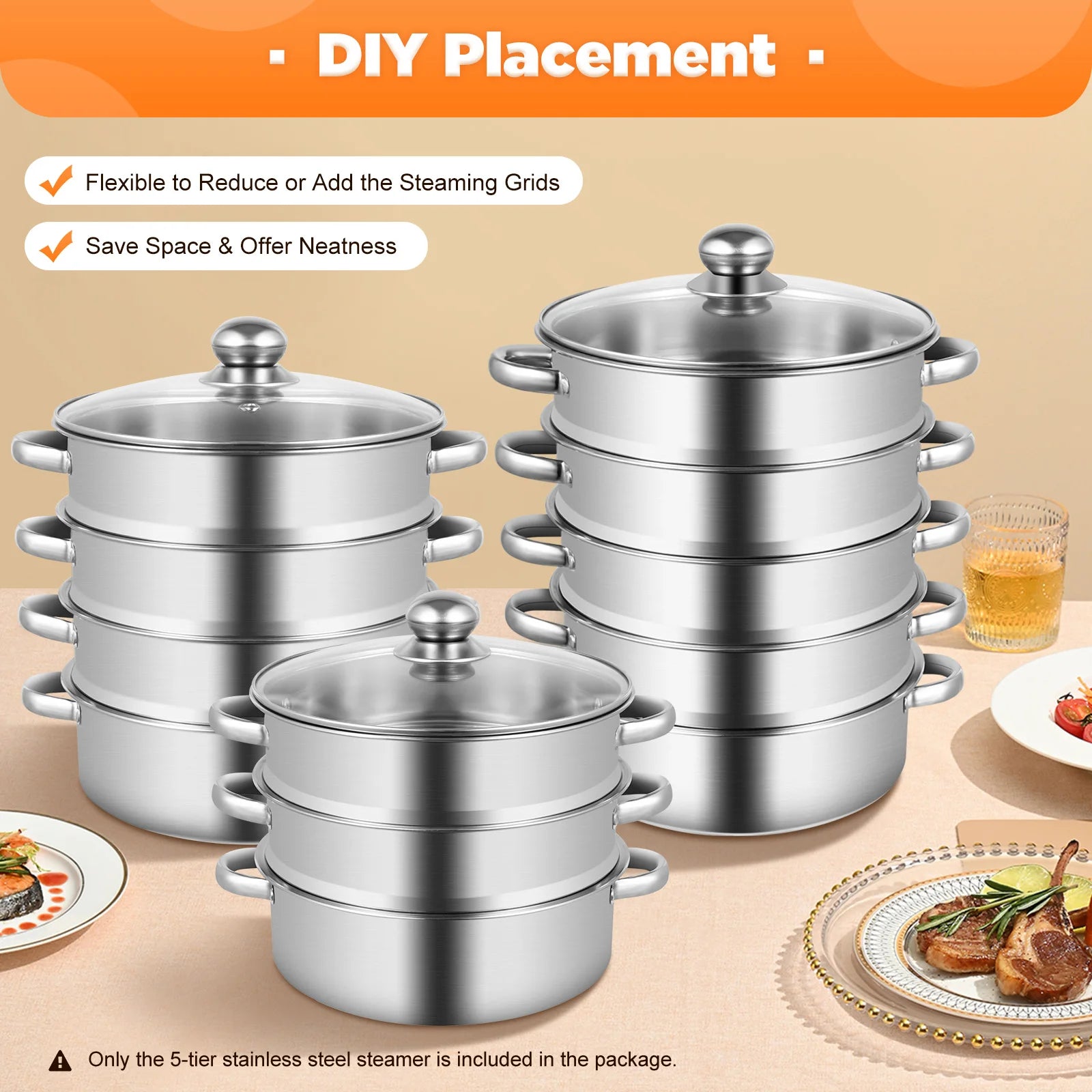 5-Tier Round Stainless Steel Steamer Multiple Use